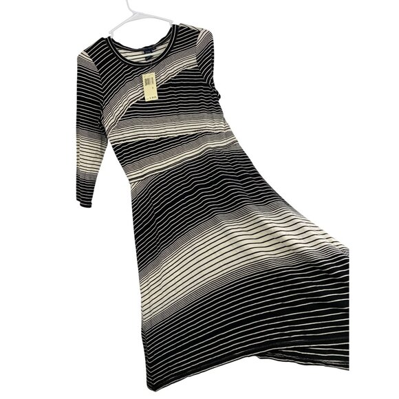 Black White Striped Fit & Flare Dress Max Edition 3/4 Sleeves Asym Hem Small - Picture 6 of 7